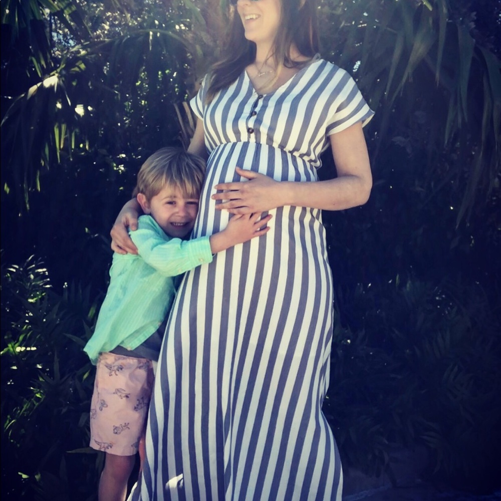 Blue white striped maternity nursing maxi dress